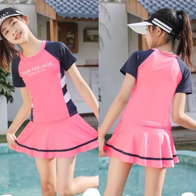 【橘魔法】大童 3色字母運動側腰插肩泳裝(內有安全褲 褲裙 游泳課 泳裝 學生泳衣 女童 兒童 童裝)