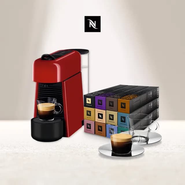 【Nespresso】膠囊咖啡機 Essenza Plus_櫻桃紅 義式 送禮 入厝 飲水機(探索禮盒120顆迎新會員組)