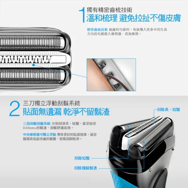 【德國百靈BRAUN】三鋒系列電動刮鬍刀/電鬍刀-藍 乾濕兩用(3010s)