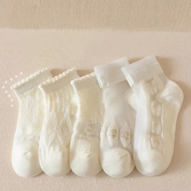 【橘魔法】（5雙一組）奶白蕾絲花紋玻璃透膚短襪(襪子 透明 水晶襪 玻璃襪 透膚襪 女童 童裝 兒童 童襪)