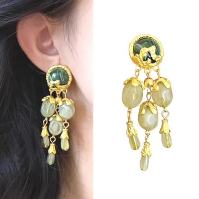 【中古復古】宮廷風長流蘇耳環1對(大寶石 耳墜 耳飾 耳針 耳釘 首飾 垂墜耳環 情人節 禮物)