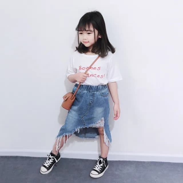 【橘魔法】不規則鬚邊牛仔裙(窄裙 牛仔裙 半身裙 裙子 女童 兒童 童裝)
