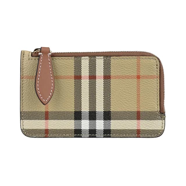 【BURBERRY 巴寶莉】BURBERRY Somerset 皮標印字LOGO小牛皮拼格紋PVC 3卡拉鏈零錢包(典藏米x棕)