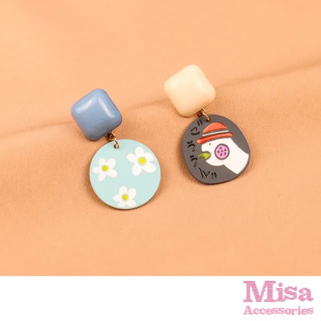 【MISA】韓國設計日系不對稱撞色可愛加油鴨夾式耳環(無耳洞耳環 耳夾 夾式耳環 撞色耳環 鴨子耳環)