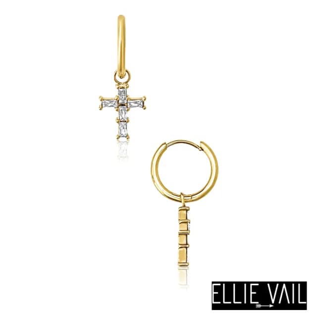 【ELLIE VAIL】邁阿密防水珠寶 方鑽十字架耳環 金色小圓耳環 Taran Baguette Cross(防水珠寶)