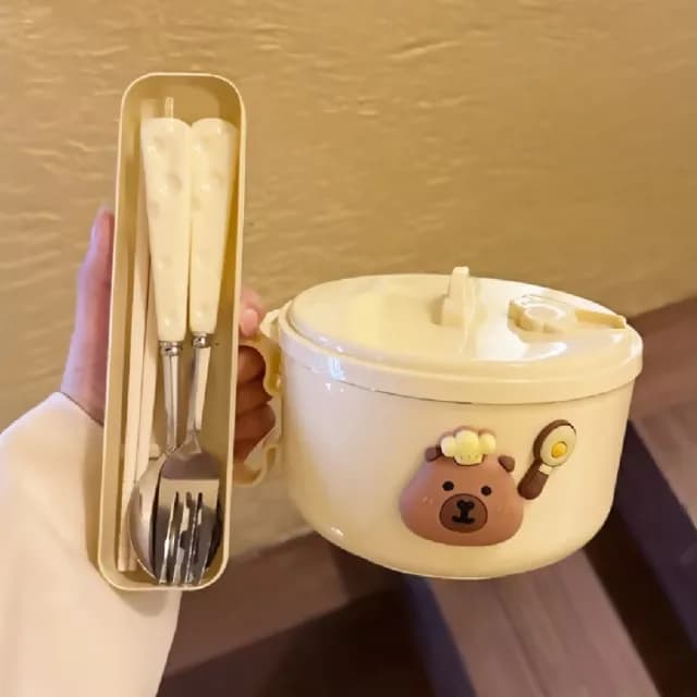 【學生好物】304不鏽鋼卡皮巴拉帶蓋泡麵碗-附餐具組(湯匙 叉子 筷子 環保餐具 飯碗 瀝水碗 餐碗 宿舍)