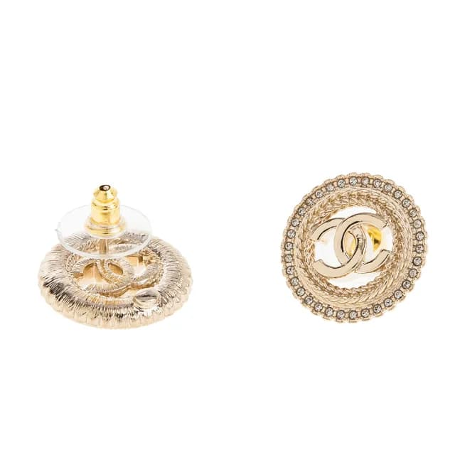 【CHANEL 香奈兒】新款金色圓形水鑽雙C LOGO穿式耳環