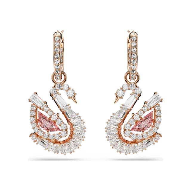 【SWAROVSKI 施華洛世奇】Swan 天鵝優雅律動 粉紅色水晶垂墜式耳環-玫瑰金(5732415)
