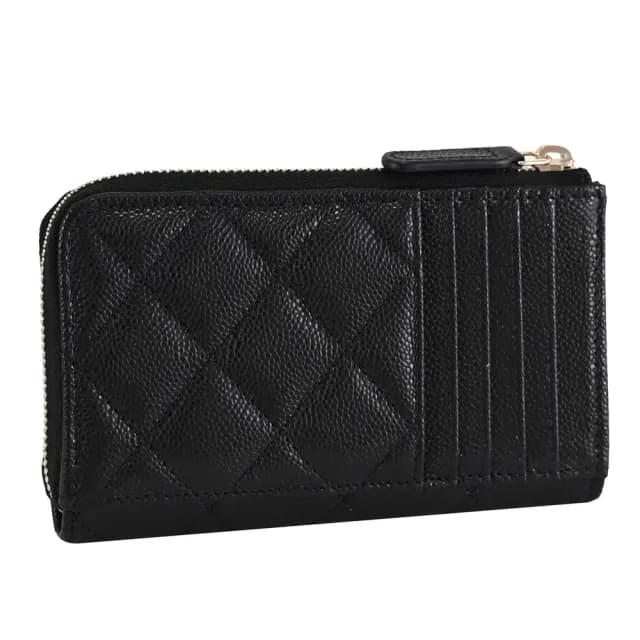 【CHANEL 香奈兒】經典雙C菱格紋小牛皮信用卡證件名片零錢包(黑/淡金)