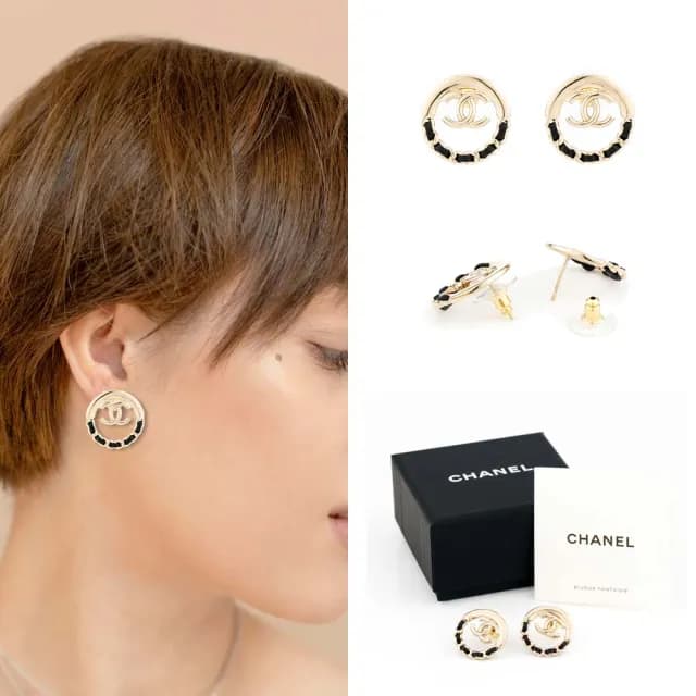 【CHANEL 香奈兒】圓形雙C耳環(金/上半純金色/下半金黑雙色鏈帶造型/中鏤空純金色雙C)