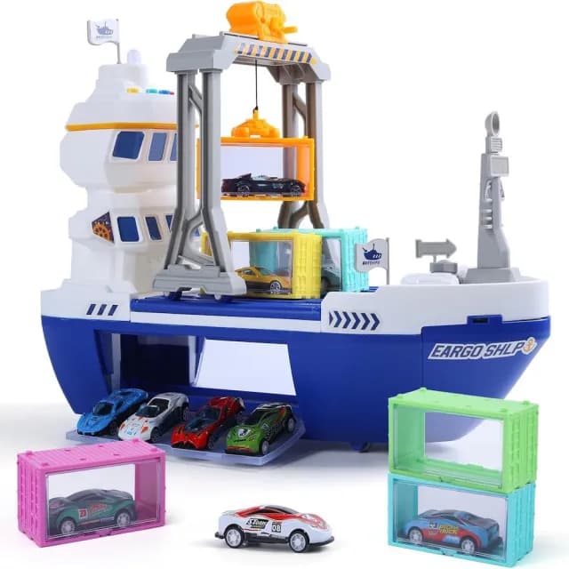 【CuteStone】仿真吊臂運輸船 兒童汽車玩具組  附多台跑車. 吊臂升降裝卸(生日玩具 交通工具遊戲禮物推薦)