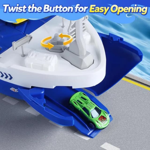 【CuteStone】兒童仿真吊臂運輸船與汽車玩具套裝(生日禮物 交通工具遊戲禮物 兒童益智玩具)