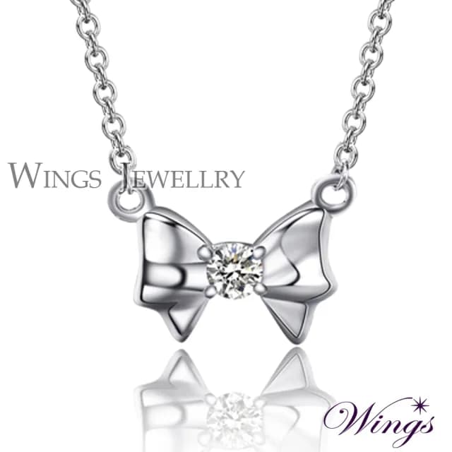 【WINGS】精鍍白K金蝴蝶結項鍊《純潔》｜擬真鑽・輕奢系列(送禮 女生禮物 禮盒 情人 七夕 生日)