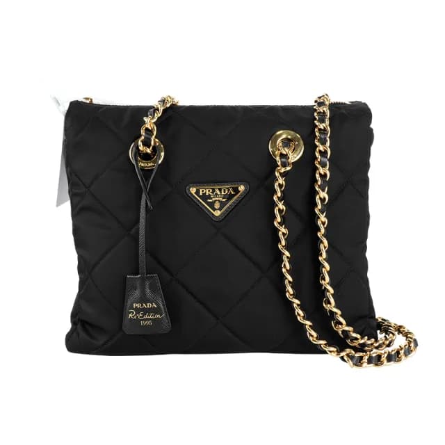 【PRADA 普拉達】三角牌Logo 再生尼龍菱格紋肩背托特包(黑色)
