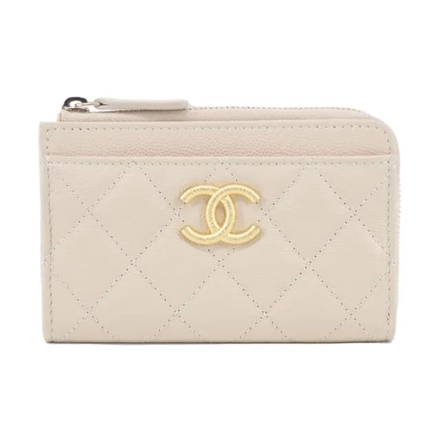 【CHANEL 香奈兒】經典雙C復古LOGO 菱格紋牛皮拉鍊零錢包名片夾(白色)