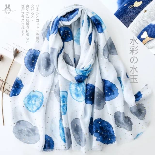 【WOONUE】日式水玉圓點圍巾金箔開運配件棉麻圍巾絲巾防曬披肩冷氣披巾(生日禮物媽女友老婆禮物情人節)