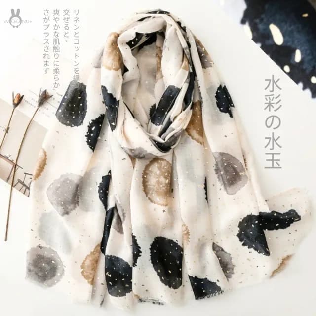 【WOONUE】日式水玉圓點圍巾金箔開運配件棉麻圍巾絲巾防曬披肩冷氣披巾(生日禮物媽女友老婆禮物情人節)