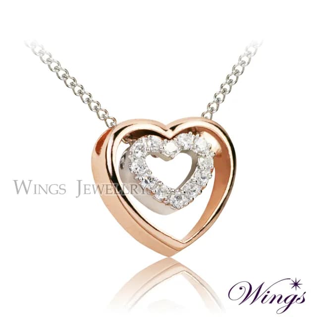 【WINGS】精鍍玫瑰金項鍊《雙心情緣》｜雙層愛心設計・閃耀擬真鑽(送禮 女生禮物 禮盒 情人 七夕 生日)
