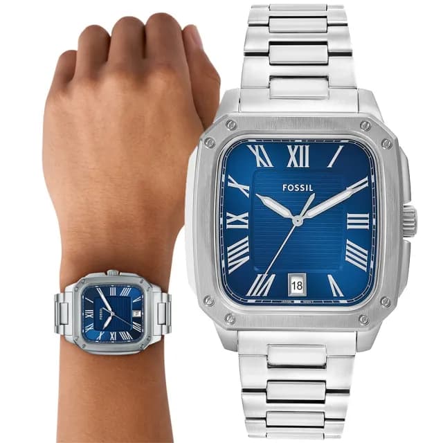【FOSSIL】Crosby 工業風羅馬方形手錶-藍x銀/42mm 男錶 禮物 送禮 推薦(FS6121)