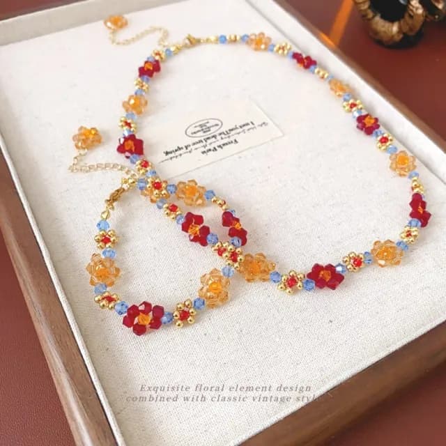 【彩色點睛】復古花朵串珠手鍊+項鍊(手串 手鏈 首飾 配飾 鎖骨鍊 氣質 穿搭 頸鍊 配件 百搭 禮物)
