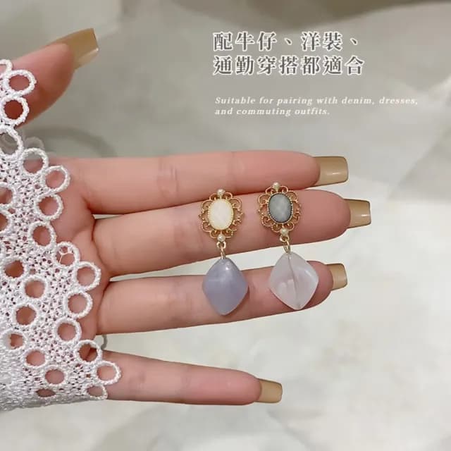 【巴洛克】S925銀針不對稱法式復古寶石耳環(耳針 耳釘 耳飾 穿搭配件 飾品 復古 洋裝)