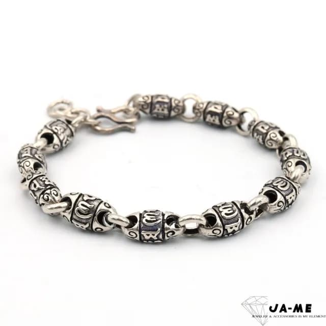 【xmono】999千足銀六字箴言桶珠手鍊19公分(雙11/禮物/現貨)