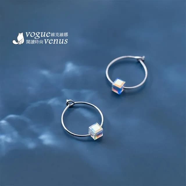 【維克維娜】幻彩方塊水晶圈式耳環925純銀耳環