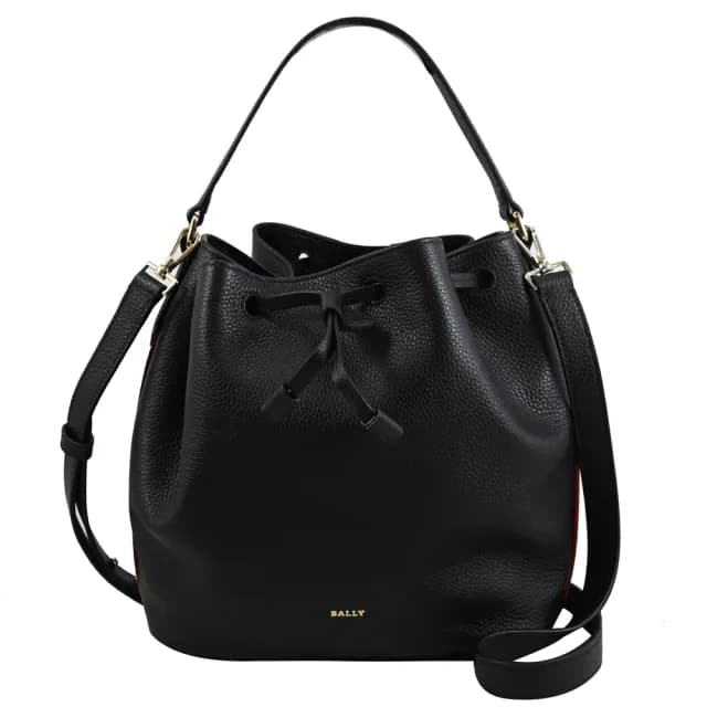 【BALLY】簡約LOGO荔枝牛皮紅白紅織帶邊手提兩用束口水桶包(黑)