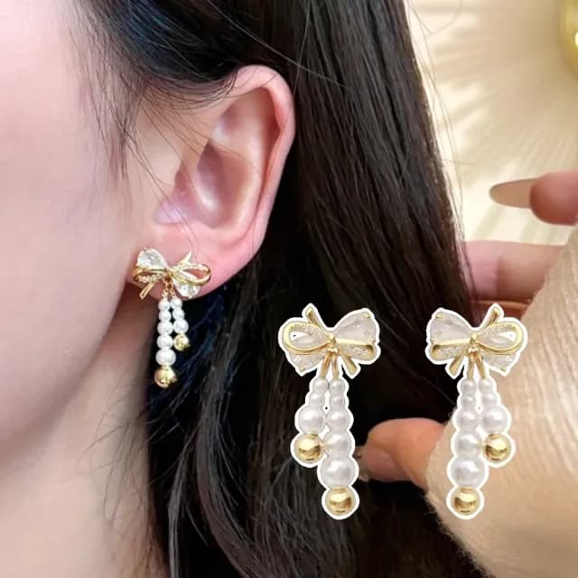 【流蘇亮麗】鋯石珍珠蝴蝶結耳環1對(耳飾 耳墜 飾品 耳針 耳釘 首飾 耳圈 情人節 配件 禮物)