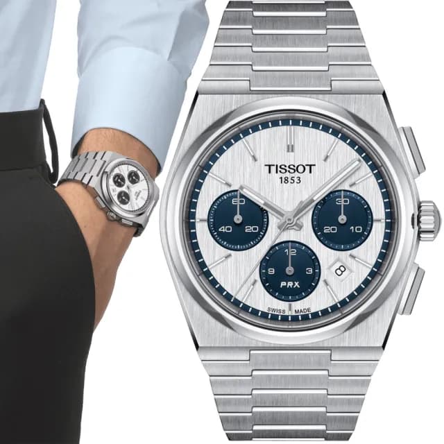 【TISSOT 天梭】PRX 白熊貓自動計時機械錶-42mm 禮物 送禮 推薦(T1374271101101)