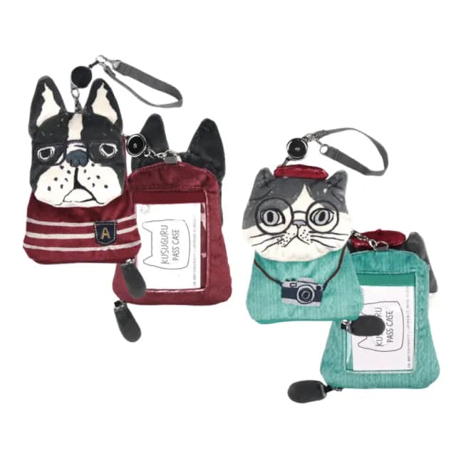 【Kusuguru Japan】情人節禮物 日本眼鏡貓 票卡夾 零錢包 刺繡絨毛立體造型伸縮卷線票卡包 -Animal Mode系 