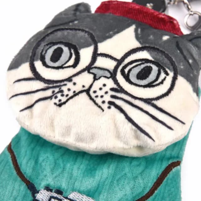 【Kusuguru Japan】情人節禮物 日本眼鏡貓 票卡夾 零錢包 刺繡絨毛立體造型伸縮卷線票卡包 -Animal Mode系