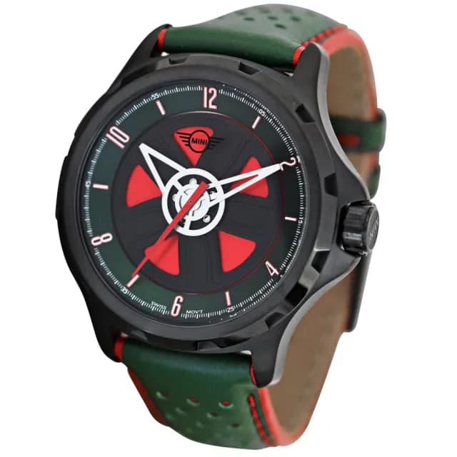 【MINI SWISS WATCHES】石英錶 44mm 綠黑底方向盤錶面 綠色透孔皮錶帶(綠色 七夕禮物 情人節)