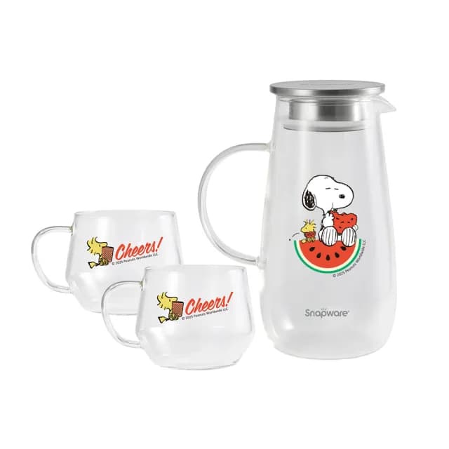 【CorelleBrands 康寧餐具】SNAPWARE SNOOPY Watermelon曲線耐熱玻璃1壺2杯組(1400mlx1+400mlx2)