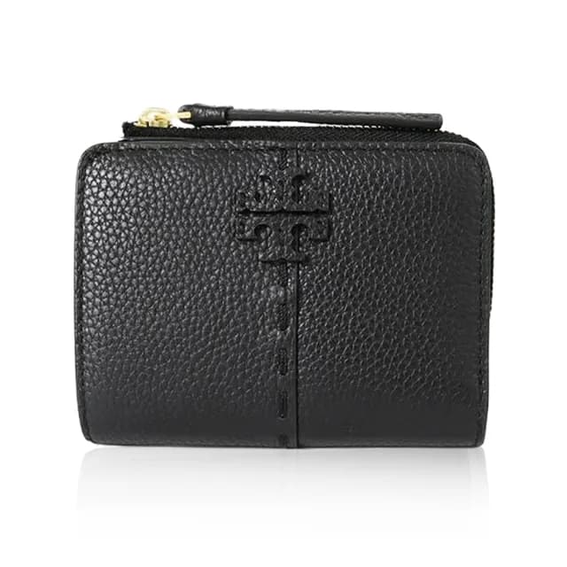 【TORY BURCH】經典標誌荔枝皮革雙折釦式零錢短夾 皮夾 錢包(黑色 148751-001)