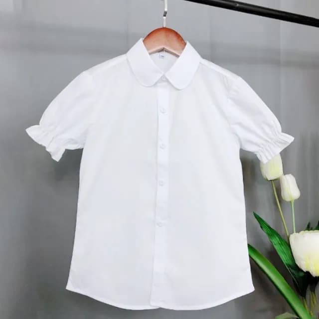 【橘魔法】古典荷葉短袖薄襯衫(女童 大童 白襯衫 短袖襯衫 花童 表演服裝 攝影 童裝 兒童)