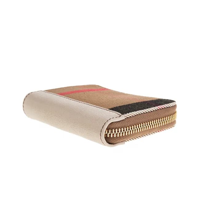 【BURBERRY 巴寶莉】經典大格紋帆布拼牛皮ㄇ形拉鍊零錢包(米白)