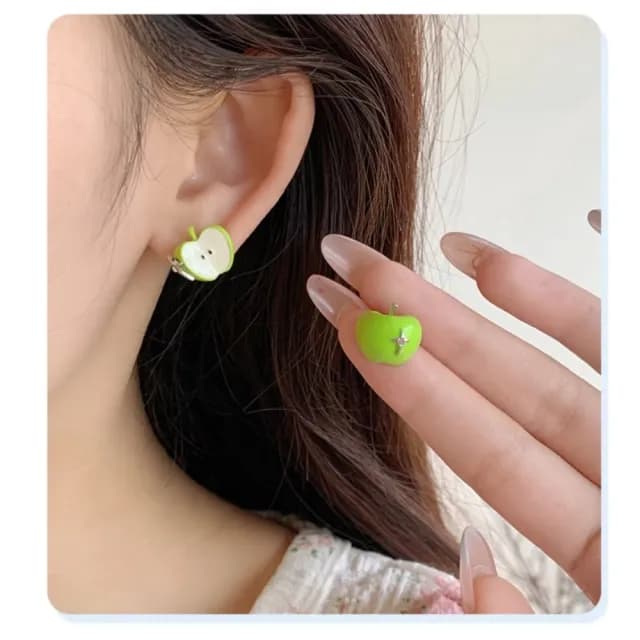 【療癒小物】日系清新萌不對稱青蘋果耳釘(耳環 耳飾 飾品 耳針 水果 綠 日常)