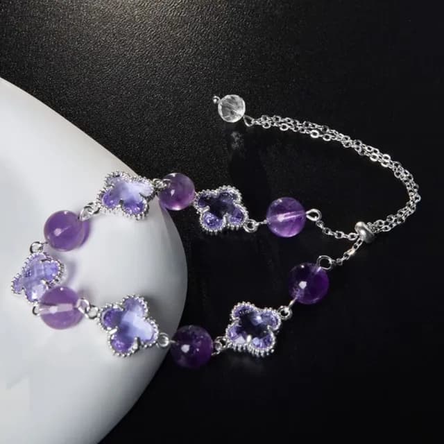 【夢幻飾品】天然紫水晶四葉草手鍊(手飾 手環 手串 花朵 配飾 貴氣 高貴)