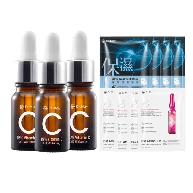 【Dr. May 美博士】C15%專業美白精華3入組(贈-專業保濕面膜4入+大安瓶美白面膜4入)