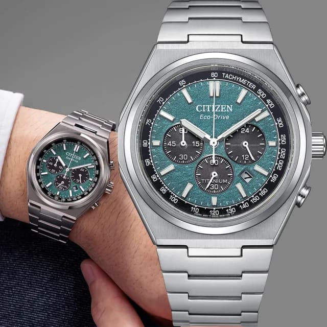【CITIZEN 星辰】Zenshin 新鈦度 限量 超級鈦 光動能復古三眼計時手錶-銀x綠 七夕 情人節禮物(CA4610-85X)