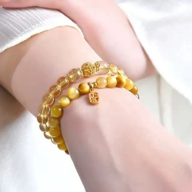 【MoonDy】金虎眼 黃水晶 手鍊女 飾品 圓珠手串 雙圈手鍊 天然水晶