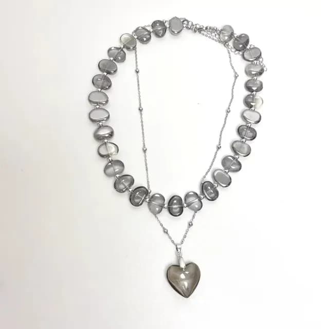 【時尚桃心】不規則雙層愛心水晶項鍊(中古 透灰 串珠 女 疊戴 吊墜 墜飾 飾品)