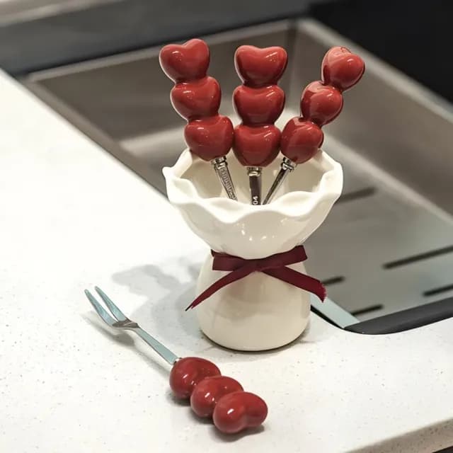 【一束可愛】愛心花束水果叉(叉子 環保餐具 果籤 陶瓷 不鏽鋼 甜品叉)