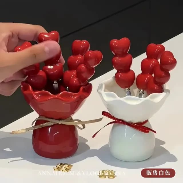 【一束可愛】愛心花束水果叉(叉子 環保餐具 果籤 陶瓷 不鏽鋼 甜品叉)