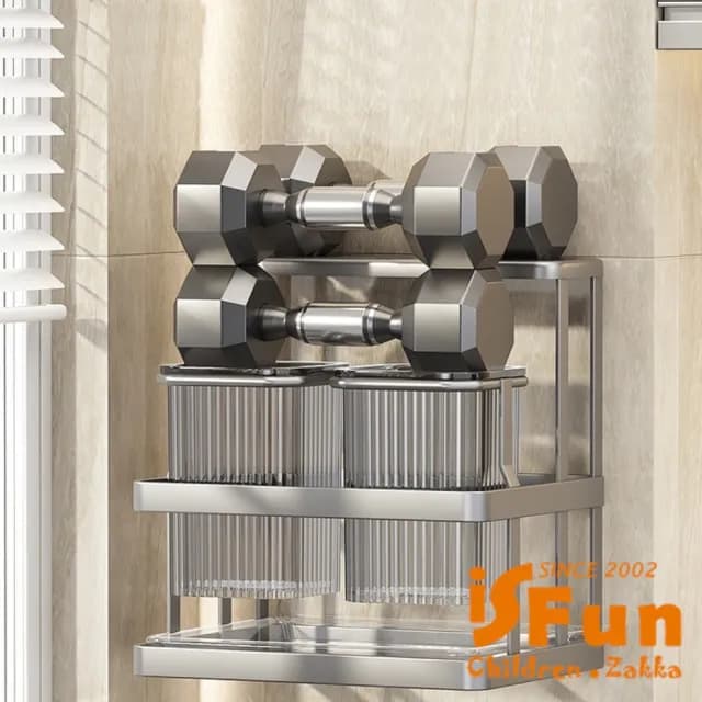 【iSFun】簡約生活 免打孔壁掛廚房餐具收納瀝水架(黑色雙筒+刀架)