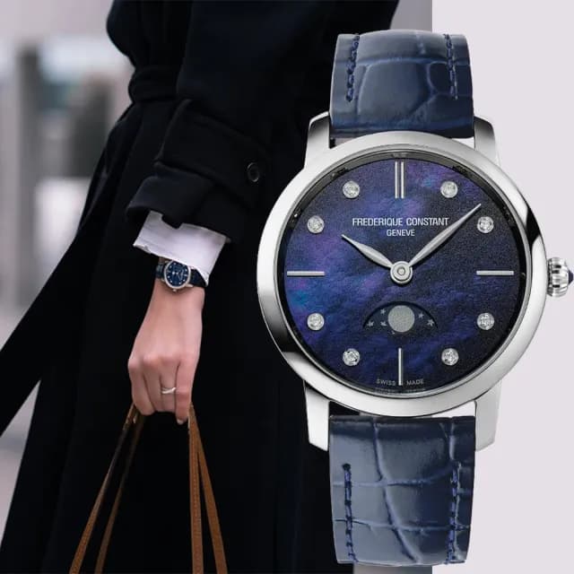 【CONSTANT 康斯登】Slimline 珍珠貝鑽石月相石英女錶 禮物 送禮 推薦(FC-206MPND1S6)