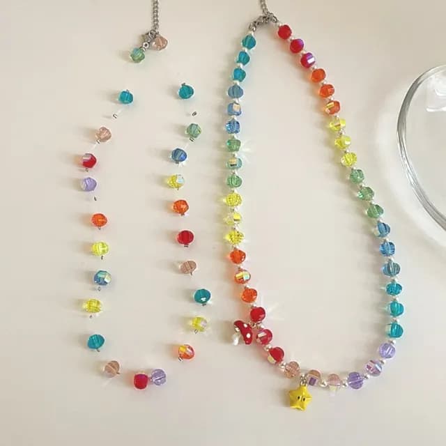【甜美時尚】多巴胺彩虹水晶串珠項鍊2件組(女孩 少女 鎖骨鍊 項鏈 飾品配件 生日 情人節 禮物 短鍊)