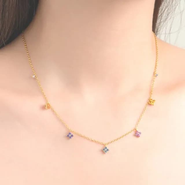 【幸運配飾】法式彩鋯石925純銀項鍊(多巴胺 彩色 彩鑽 四葉草 百搭 鎖骨鍊 飾品)