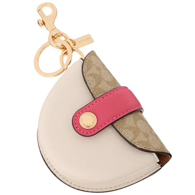 【COACH】白x桃紅x卡其PVC滿版LOGO造型包掛零錢包鑰匙圈